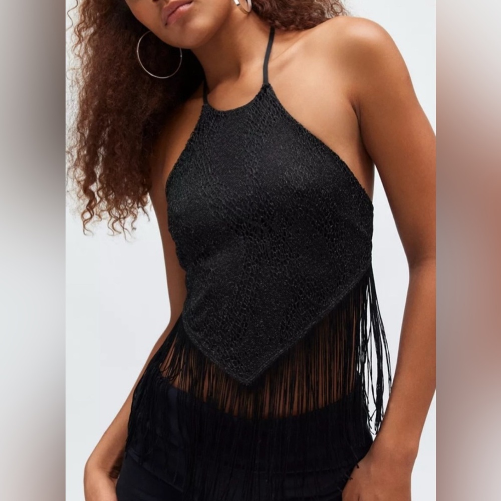 URBAN OUTFITTERS ECOTE WYNN BACKLESS FRINGE SHIMMER HALTER TOP